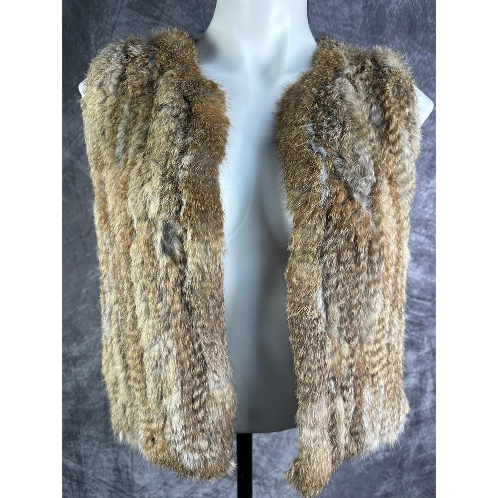 NWT 525 America Luxe Rabbit Fur Vest Women Small Brown Open Front Sleeveless